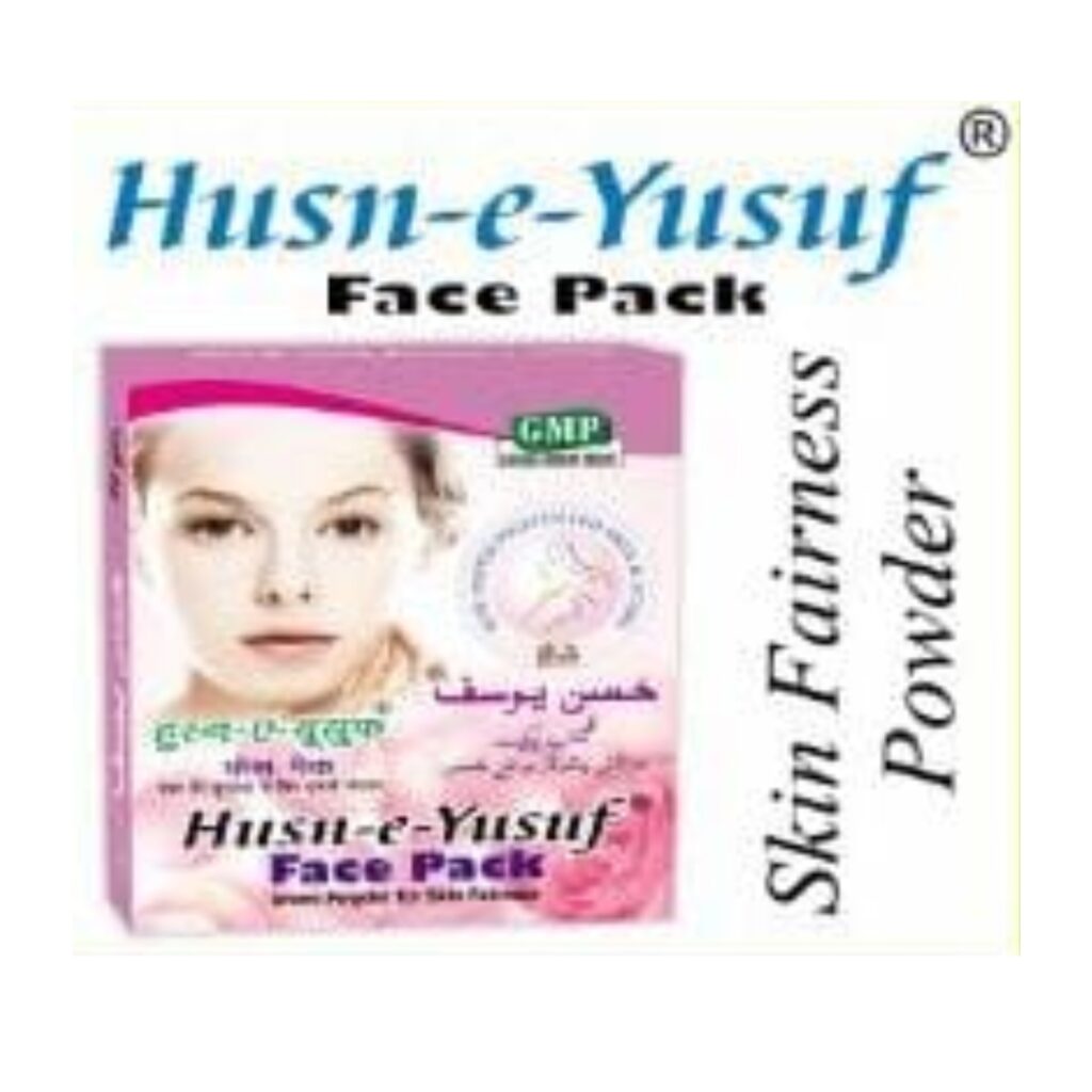 Liimra Husne Yusuf herbal face pack powder with sandalwood and rose petals for natural skin exfoliation.