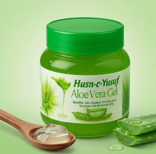 Husne Yusuf Aloe Vera Gel (125g) in its authentic vibrant green jar, featuring the 'Skin Coolant' text and GMP Certified logo.