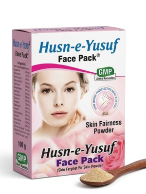 Liimra Remedies' Husn-e-Yusuf Face Pack (100g) in its authentic blue and white distinct packaging