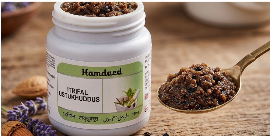 Close-up showing proper administration: A hand holding the Hamdard Itrifal Ustukhuddus jar while a spoon measures a dose next to a glass of lukewarm water.