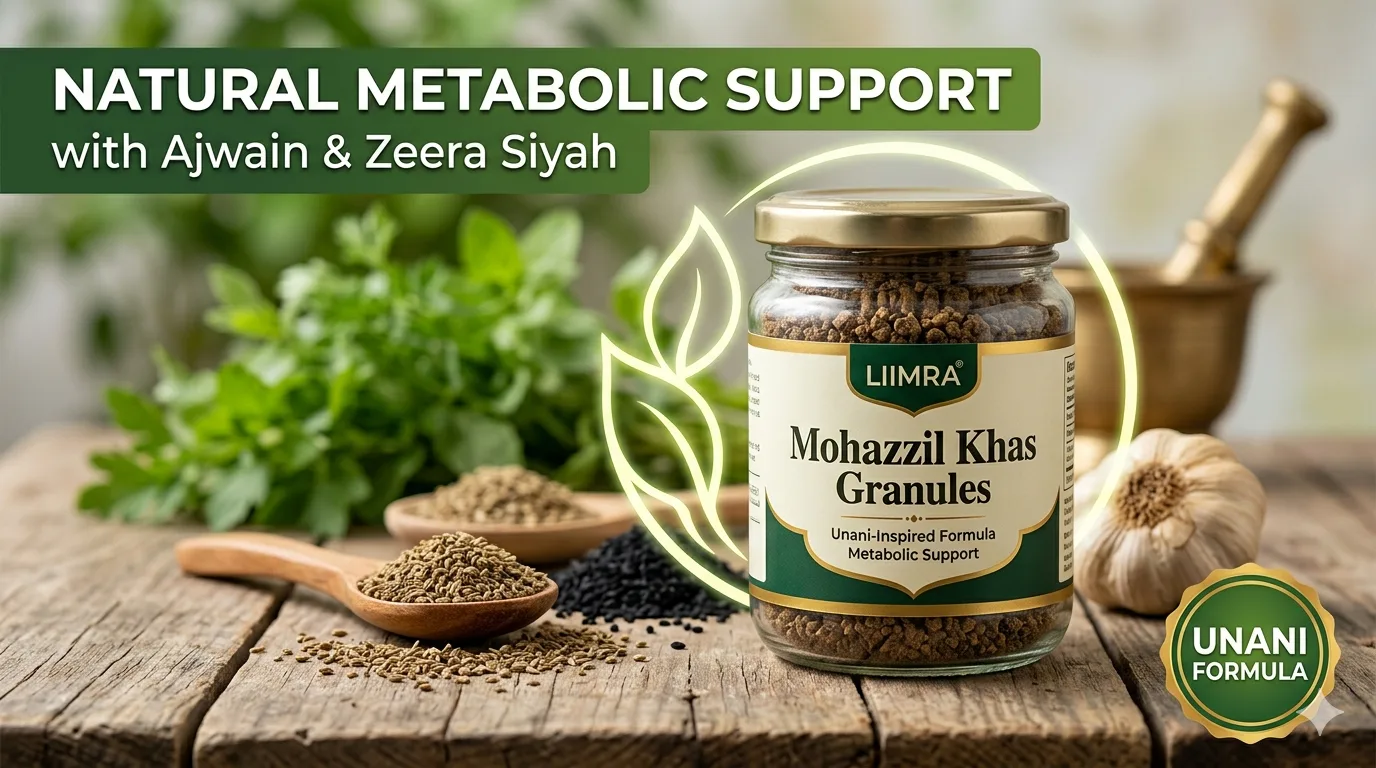 Liimra Mohazzil Khas Granules for natural metabolic support and herbal detox with Ajwain and Zeera Siyah.