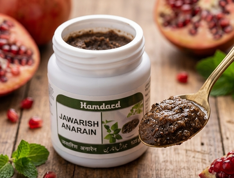 Close-up photo of a traditional Unani brass spoon scooping Hamdard Jawarish Anarain, revealing its rich, dark-brown paste texture on a wooden surface.