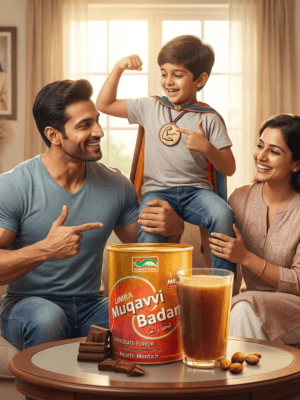 A multi-generational family sitting together in a bright living room, smiling and holding glasses of health tonic.