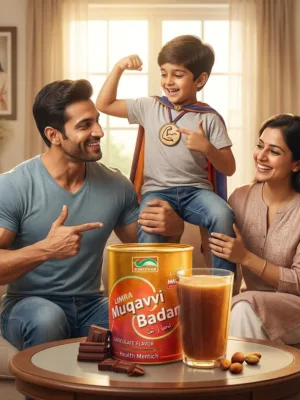 A multi-generational family sitting together in a bright living room, smiling and holding glasses of health tonic.