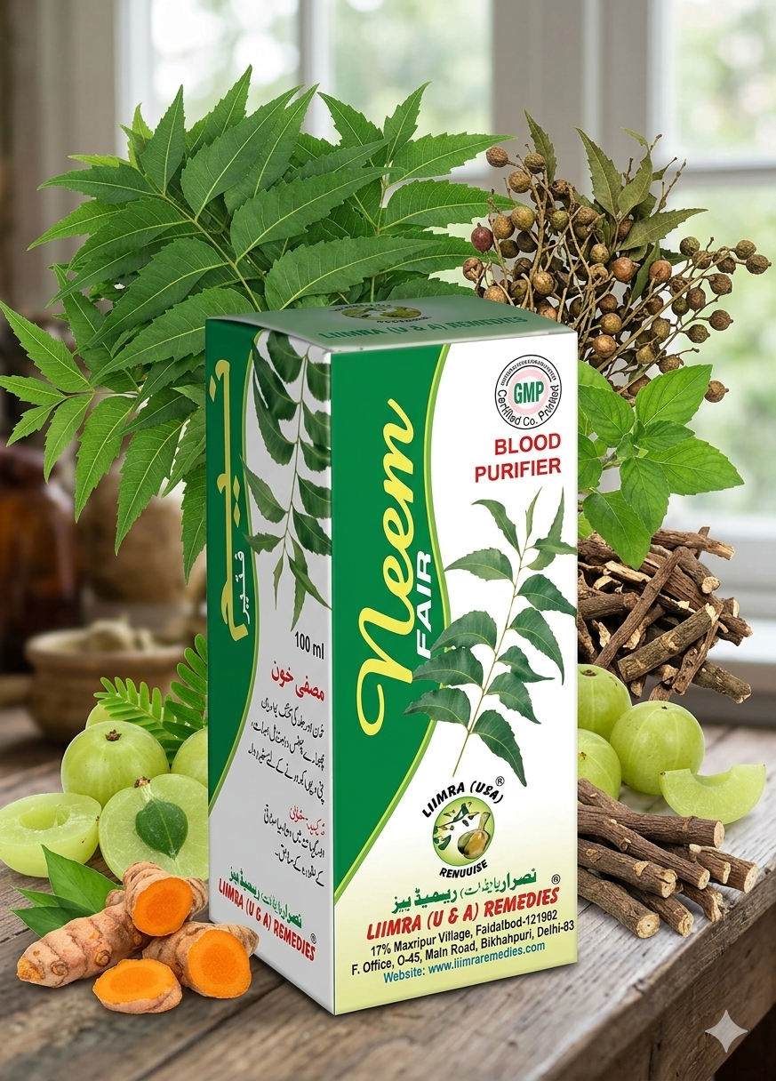 A rustic product photo of the Neem Fair Syrup box and its amber glass bottle, displayed side-by-side on a weathered light oak wooden surface.