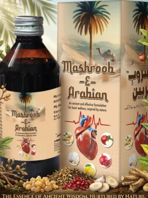 Product bottle and packaging of Mashroob-e-Arabian, a traditional Unani herbal syrup for heart wellness, featuring ingredients like pomegranate, apple, lemon, and garlic.