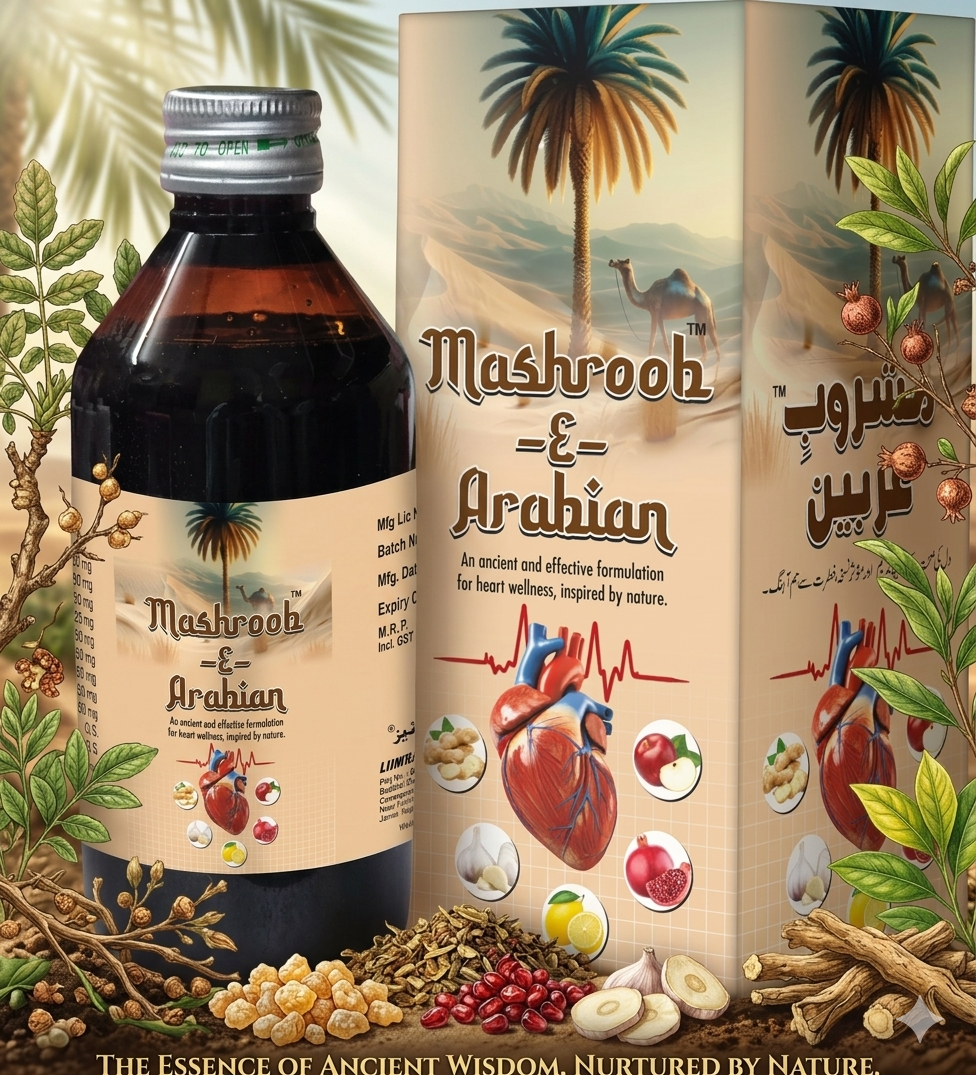 Product bottle and packaging of Mashroob-e-Arabian, a traditional Unani herbal syrup for heart wellness, featuring ingredients like pomegranate, apple, lemon, and garlic.