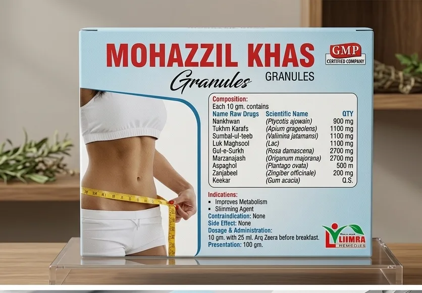 Close-up view of the open package of Mohazzil Khas Granules, showing a stainless steel measuring spoon scooping the specified 10 gm dosage.