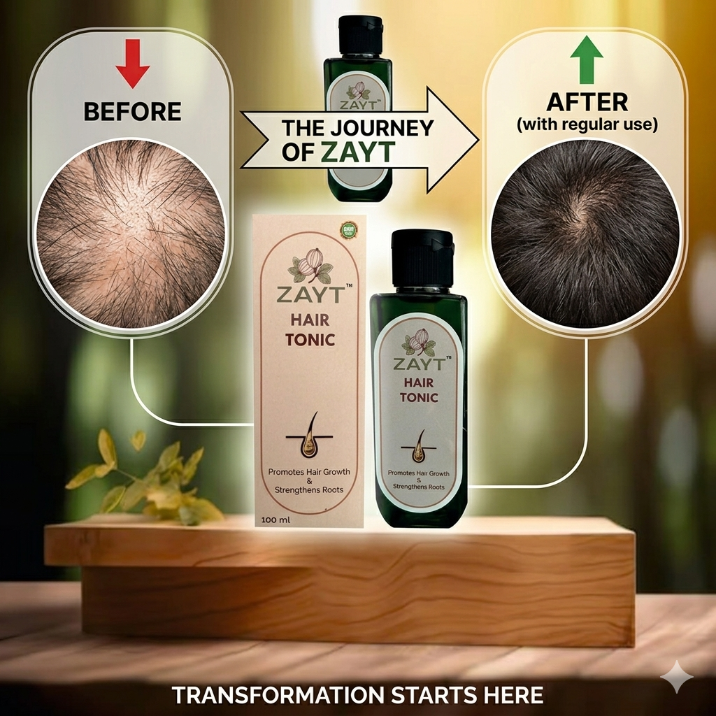 Comparison of scalp appearance showing improved hair density and visible thickness after consistent use of ZAYT Hair Tonic.