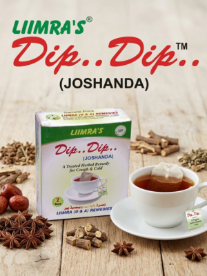 Liimra Dip Dip Joshanda tea bag actively infusing into a cup of hot water, set against a background of fresh medicinal herbs.