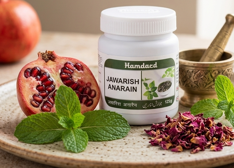 A curated arrangement of natural Unani ingredients for Hamdard Jawarish Anarain, featuring fresh halved pomegranate, seeds, mint leaves, and dried rose petals.