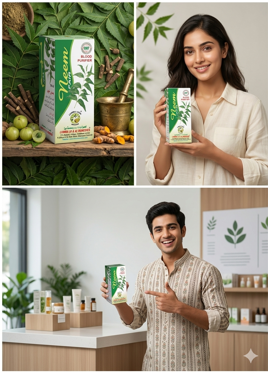 A warm lifestyle photograph of a middle-aged Indian couple, a smiling man and woman, in a sunlit kitchen-dining area in a traditional Indian home. The woman holds the open 200ml amber bottle of Neem Fair Syrup, presenting it with a warm, genuine smile. The man holds a spoon containing the dark herbal liquid. On the wooden table between them is the full Neem Fair Syrup product box, along with two glasses of water, creating a scene of shared daily ritual and familial wellness.