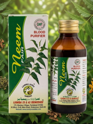 A high-definition e-commerce product photo of the outer cardboard packaging box for Neem Fair Syrup, featuring a deep emerald green and white design with a stylized neem leaf.