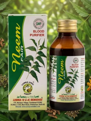 A high-definition e-commerce product photo of the outer cardboard packaging box for Neem Fair Syrup, featuring a deep emerald green and white design with a stylized neem leaf.