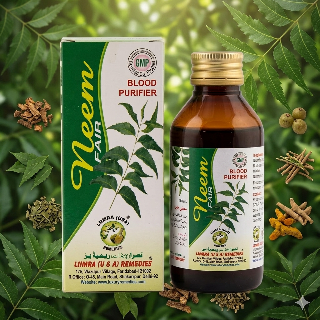 A high-definition e-commerce product photo of the outer cardboard packaging box for Neem Fair Syrup, featuring a deep emerald green and white design with a stylized neem leaf.