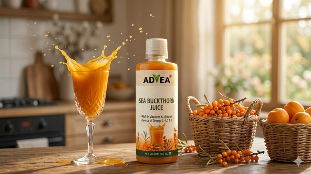 A bottle of Sea Buckthorn Himalayan Berry Juice next to a splashing glass of juice and a basket of fresh orange berries.