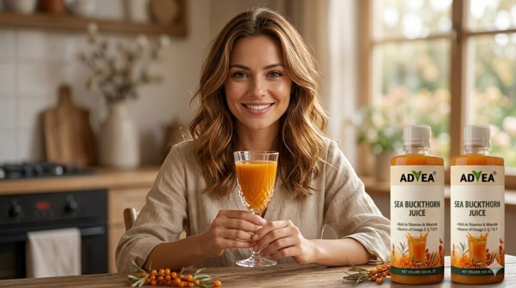 A smiling woman holding a glass of Sea Buckthorn juice at a kitchen table with ADVEA bottles.