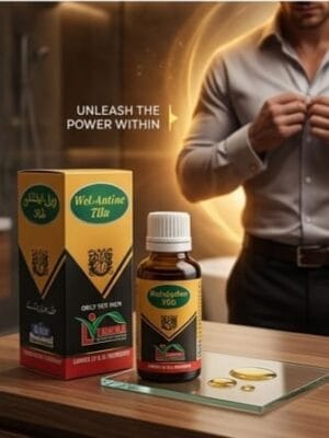 Wel-Antine Tila on a bathroom vanity with a man's body in the background surrounded by a glowing energy aura. The text "UNLEASH THE POWER WITHIN" is visible.