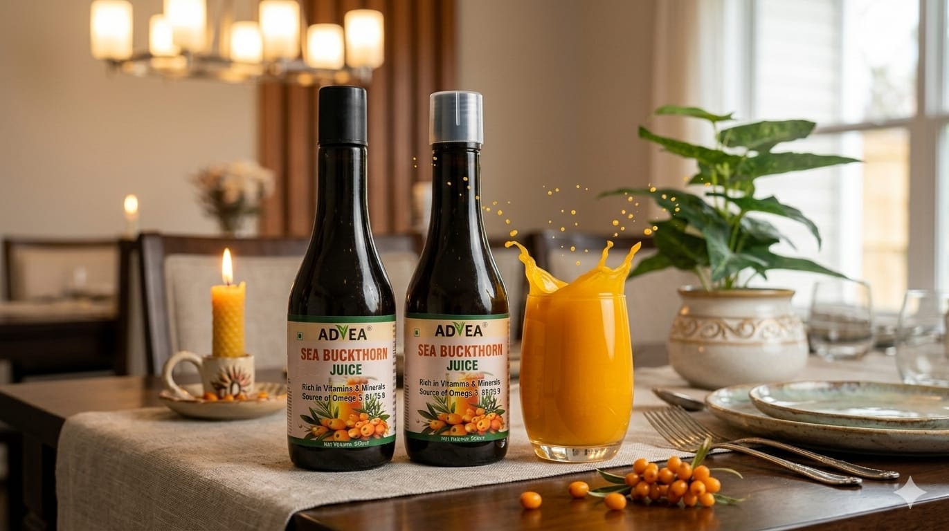 Two bottles of Advea Sea Buckthorn Juice on a dining table next to a splashing glass of orange juice, a lit candle, and fresh sea buckthorn berries.