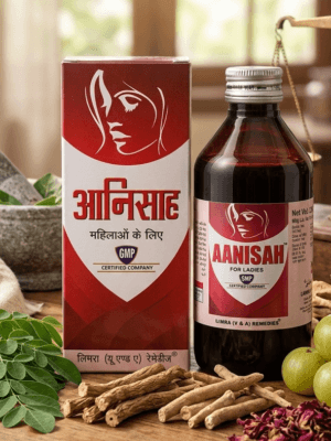 A high-quality, professional studio photograph of the 'AANISAH FOR LADIES' female health tonic. The dark glass bottle with its silver cap is positioned next to its white and maroon carton box, both displaying the matching labels and clear branding. The set is placed on a clean, light wood surface against a softly blurred, natural home background, highlighting the product as a natural and trusted health remedy. All text on the packaging, including the brand name and the phrase "आनिसह महिलाओं के लिए" (Aanisah For Ladies), is perfectly clear and legible.