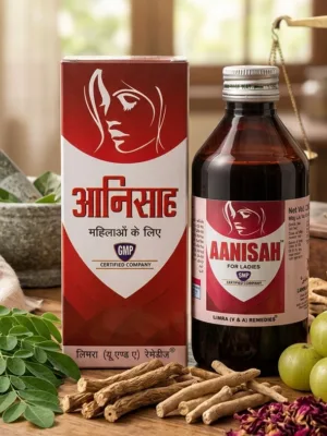 A high-quality, professional studio photograph of the 'AANISAH FOR LADIES' female health tonic. The dark glass bottle with its silver cap is positioned next to its white and maroon carton box, both displaying the matching labels and clear branding. The set is placed on a clean, light wood surface against a softly blurred, natural home background, highlighting the product as a natural and trusted health remedy. All text on the packaging, including the brand name and the phrase "आनिसह महिलाओं के लिए" (Aanisah For Ladies), is perfectly clear and legible.