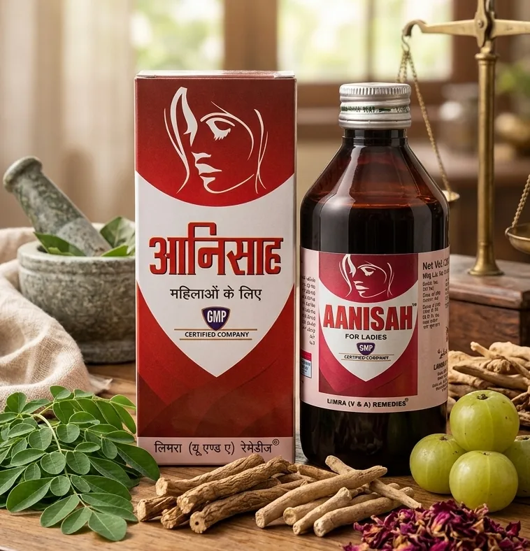 A high-quality, professional studio photograph of the 'AANISAH FOR LADIES' female health tonic. The dark glass bottle with its silver cap is positioned next to its white and maroon carton box, both displaying the matching labels and clear branding. The set is placed on a clean, light wood surface against a softly blurred, natural home background, highlighting the product as a natural and trusted health remedy. All text on the packaging, including the brand name and the phrase "आनिसह महिलाओं के लिए" (Aanisah For Ladies), is perfectly clear and legible.