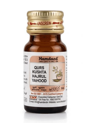 Three-view product showcase of Hamdard Qurs Kushta Hajrul Yahood bottle, including an isolated studio shot, a natural stone setting, and a vintage Unani apothecary background.
