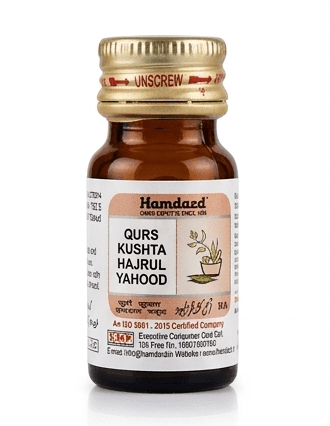 Three-view product showcase of Hamdard Qurs Kushta Hajrul Yahood bottle, including an isolated studio shot, a natural stone setting, and a vintage Unani apothecary background.