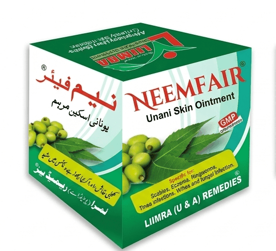 NEEMFAIR Unani Skin Ointment box packaging for eczema, scabies, and fungal infections on white background
