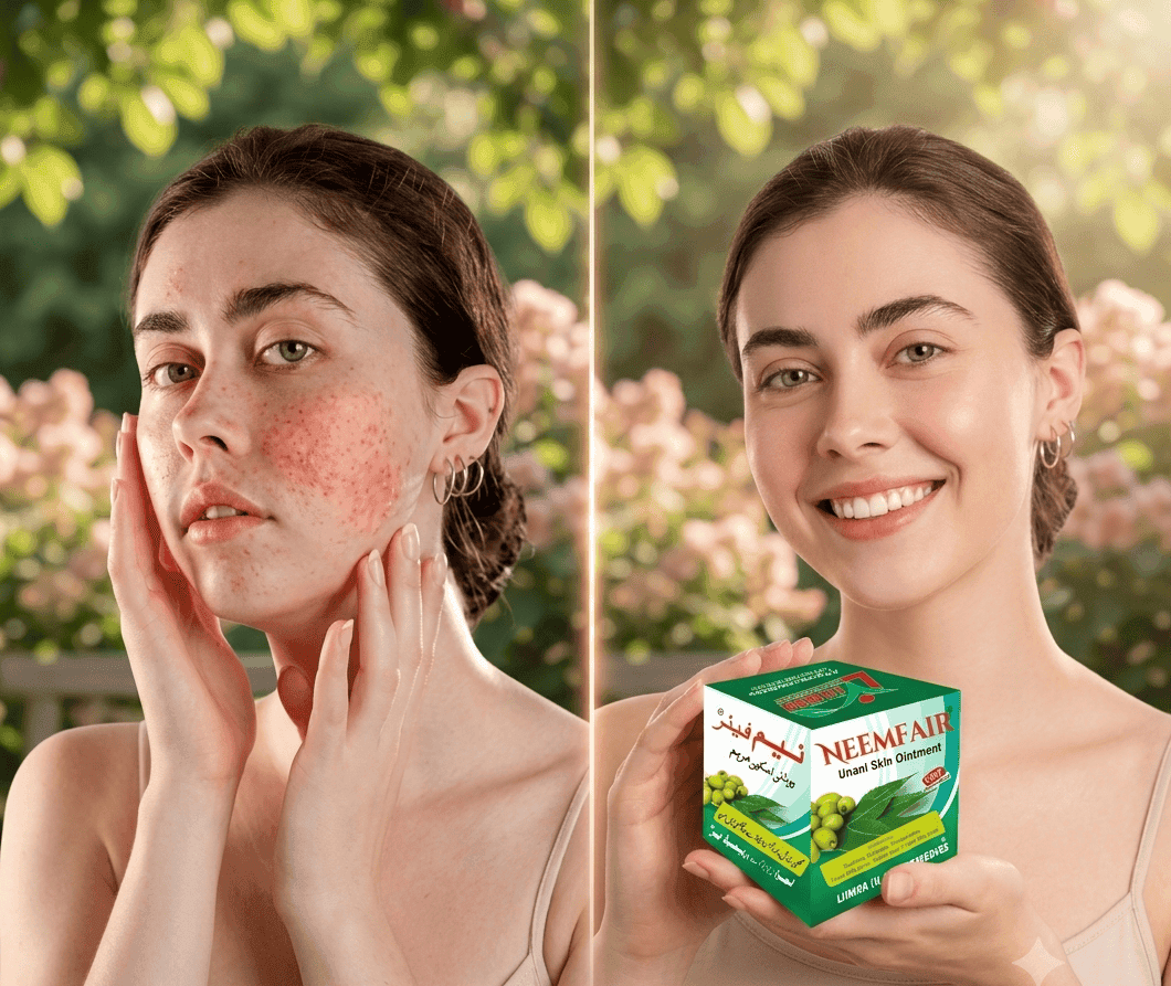 Before and after comparison showing model with skin rashes and acne turning into clear skin using NEEMFAIR Unani ointment