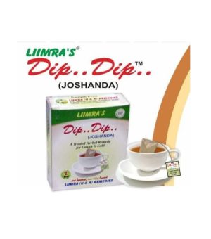 Close-up photo of a single, sealed porous paper sachet of Liimra Remedies' Dip..Dip.. (JOSHANDA), revealing the coarse dark-brown herbal granules inside and distinct blue/red distinct branding.