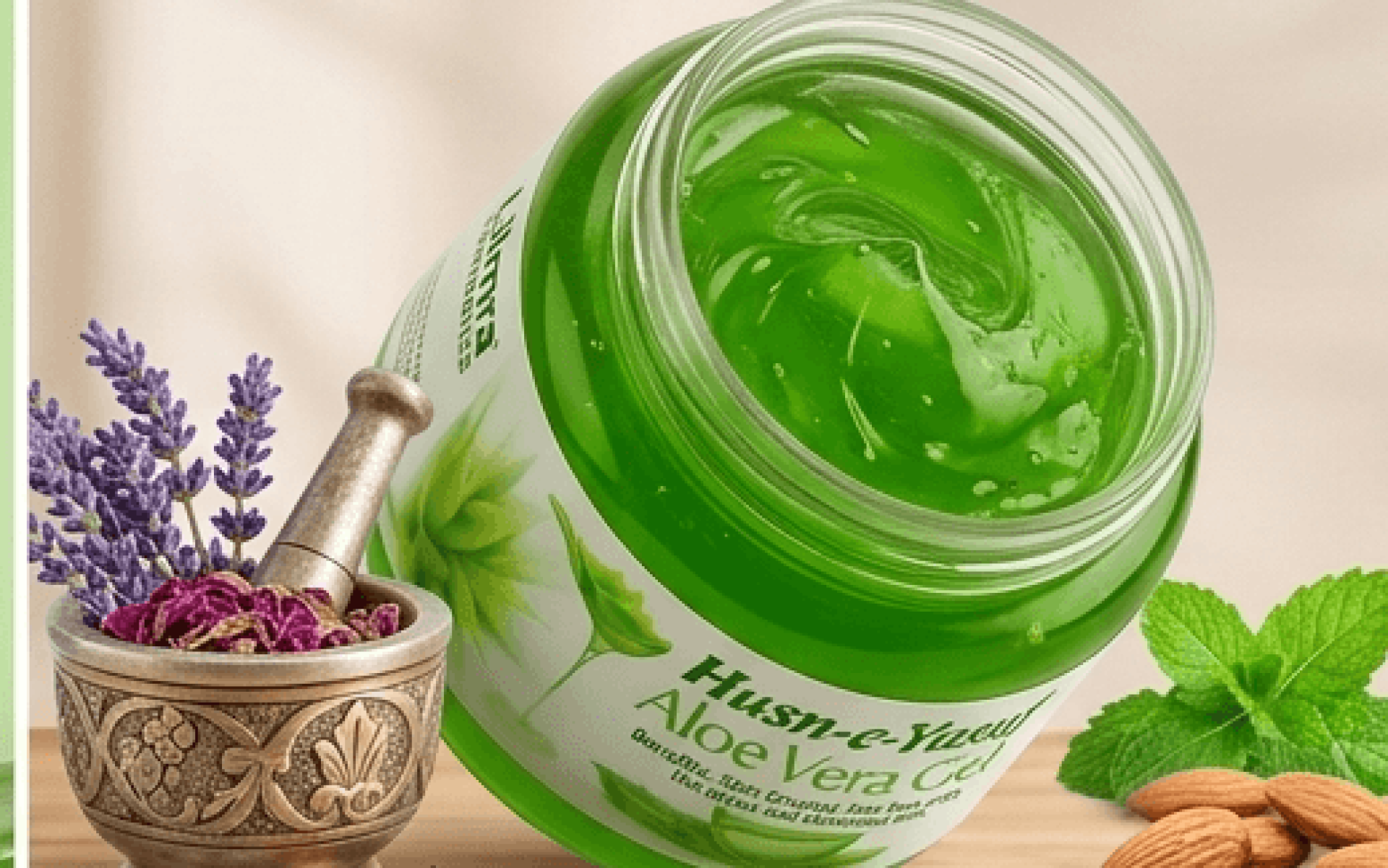 A detailed close-up view of Liimra Remedies' Husn-e-Yusuf Aloe Vera Gel jar, revealing its vibrant green gel consistency through the clear base and traditional Unani 'granules' text.