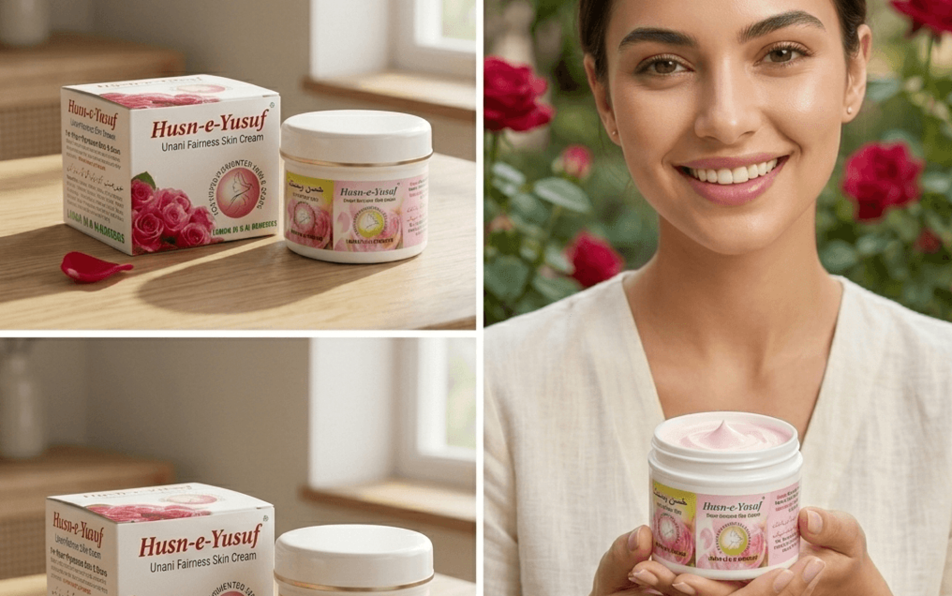 A sharp macro-detail product image of the Liimra Husn-e-Yusuf closed jar resting on a green malachite surface. It is flanked by a single vibrant red rose and an antique brass spoon containing dried saffron, licorice root, and husn-e-yusuf seeds, against a backdrop of blurred apothecary bottles.