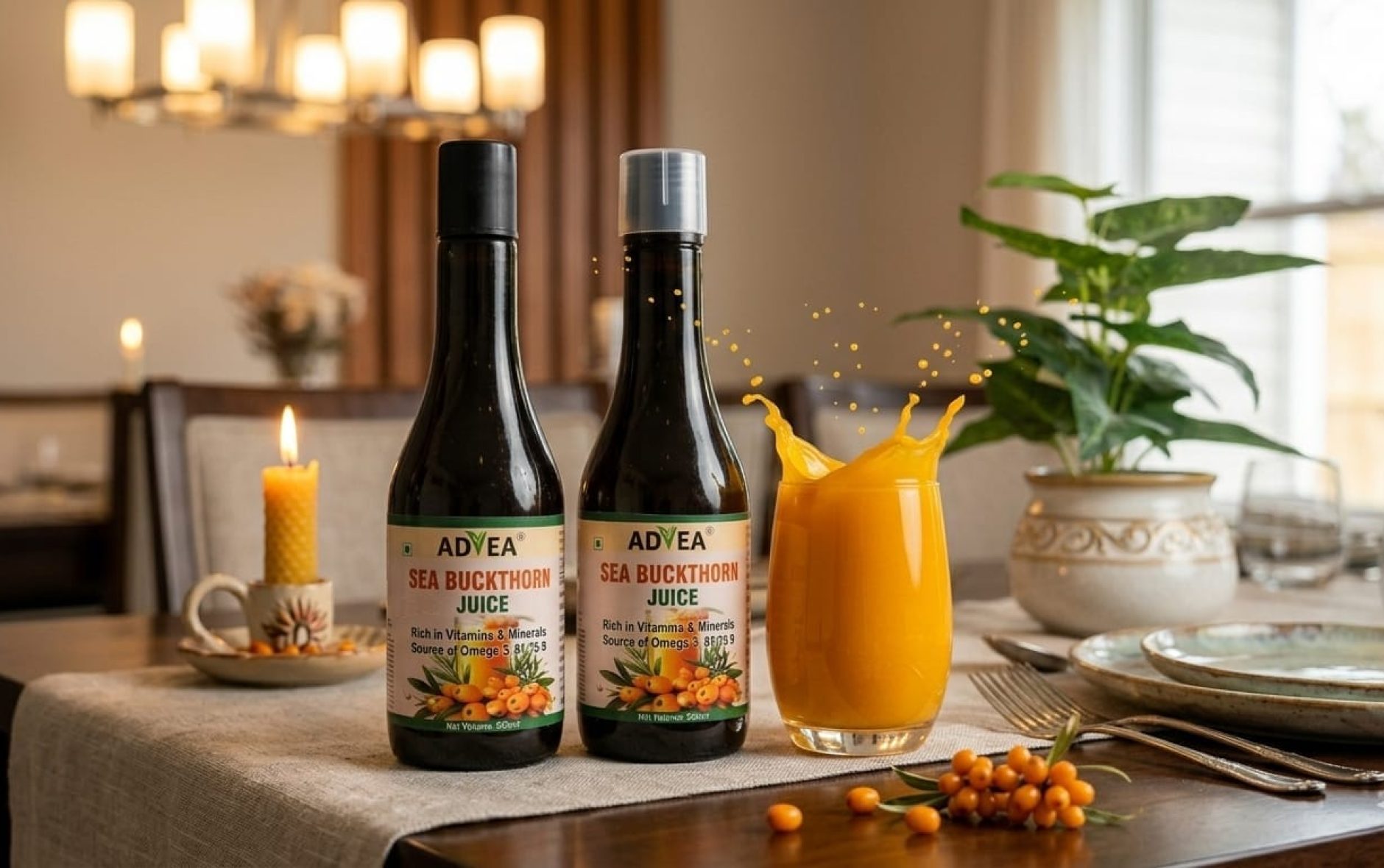 Two bottles of Advea Sea Buckthorn Juice on a dining table next to a splashing glass of orange juice, a lit candle, and fresh sea buckthorn berries.