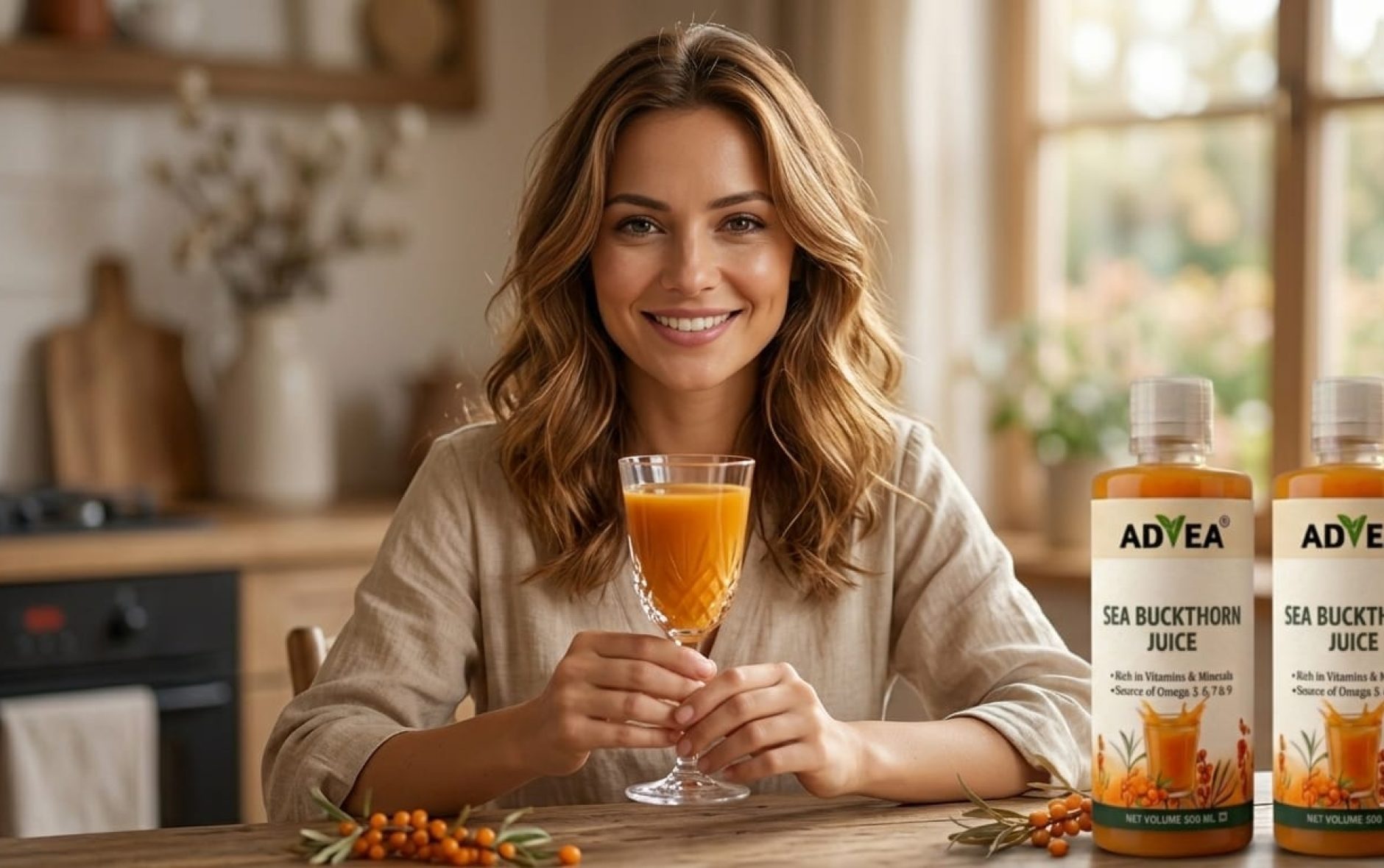 A smiling woman holding a glass of Sea Buckthorn juice at a kitchen table with ADVEA bottles.